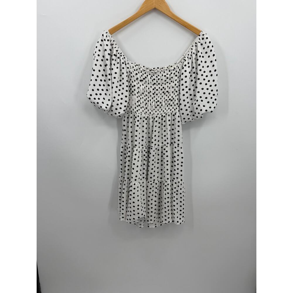 MINKPINK Tidal White Black Polka Dot Smocked Puff Sleeve Mini Dress Size Small - Picture 3 of 7